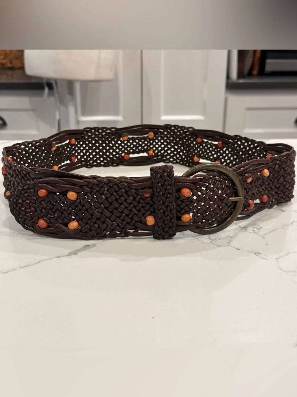 Unbranded Brown Wide Beaded Braided Leather Waist Belt Women M Hippie Boho Woven