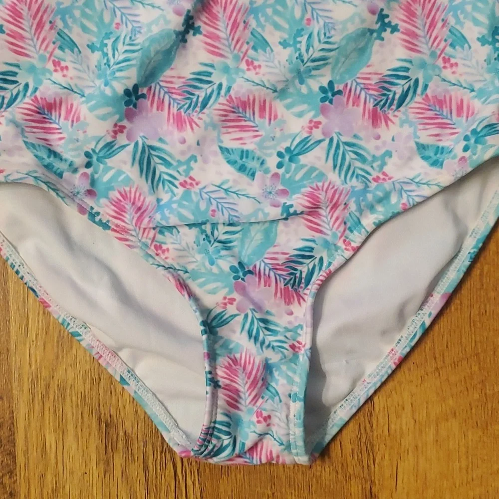 More Than Magic One‎ Piece Aqua and Pink Leaves Zip Up Swimsuit Size Girls 7-8