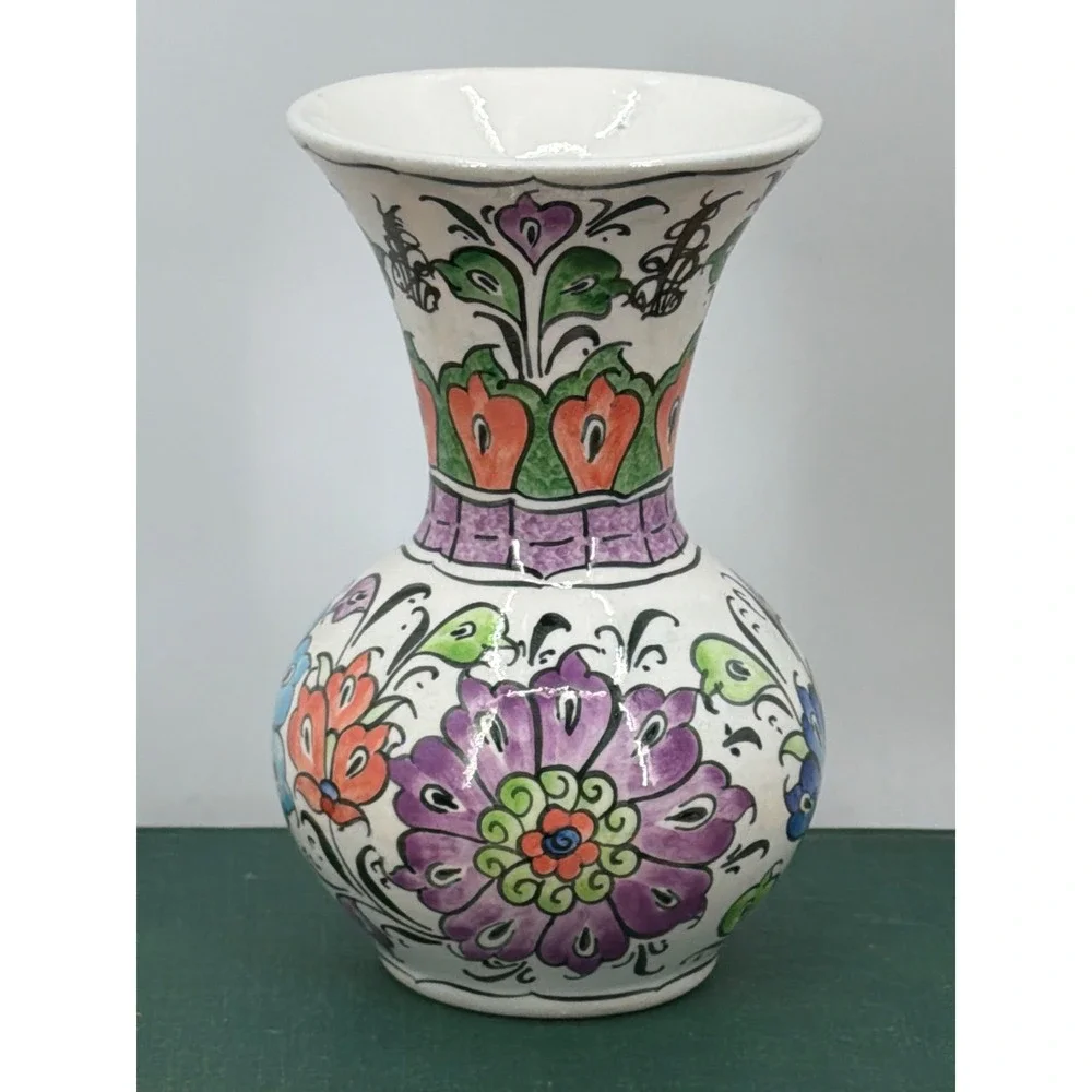 Vtg Cini Kutahya Turkish Pottery Hand Painted Floral‎ Ceramic Vase 7.5