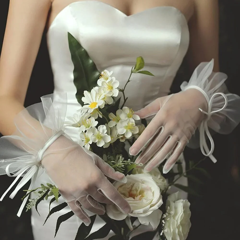 Women's Tulle Long Keeper Bow Lace Gloves White Opera Bridal Wedding Party Tea