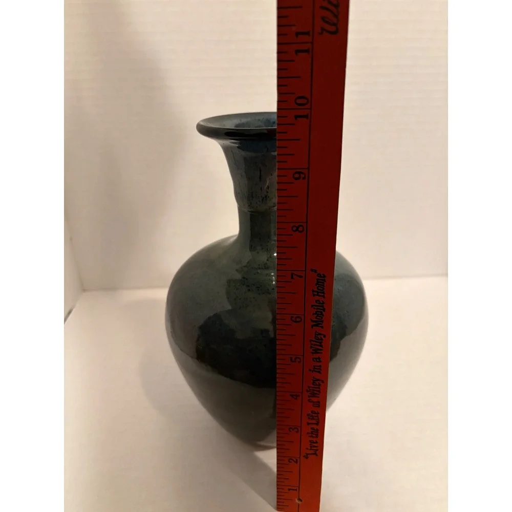 Dodge Studio Pottery Vase Teal Green Drip Glaze Handcrafted Stoneware 9.5 Inch