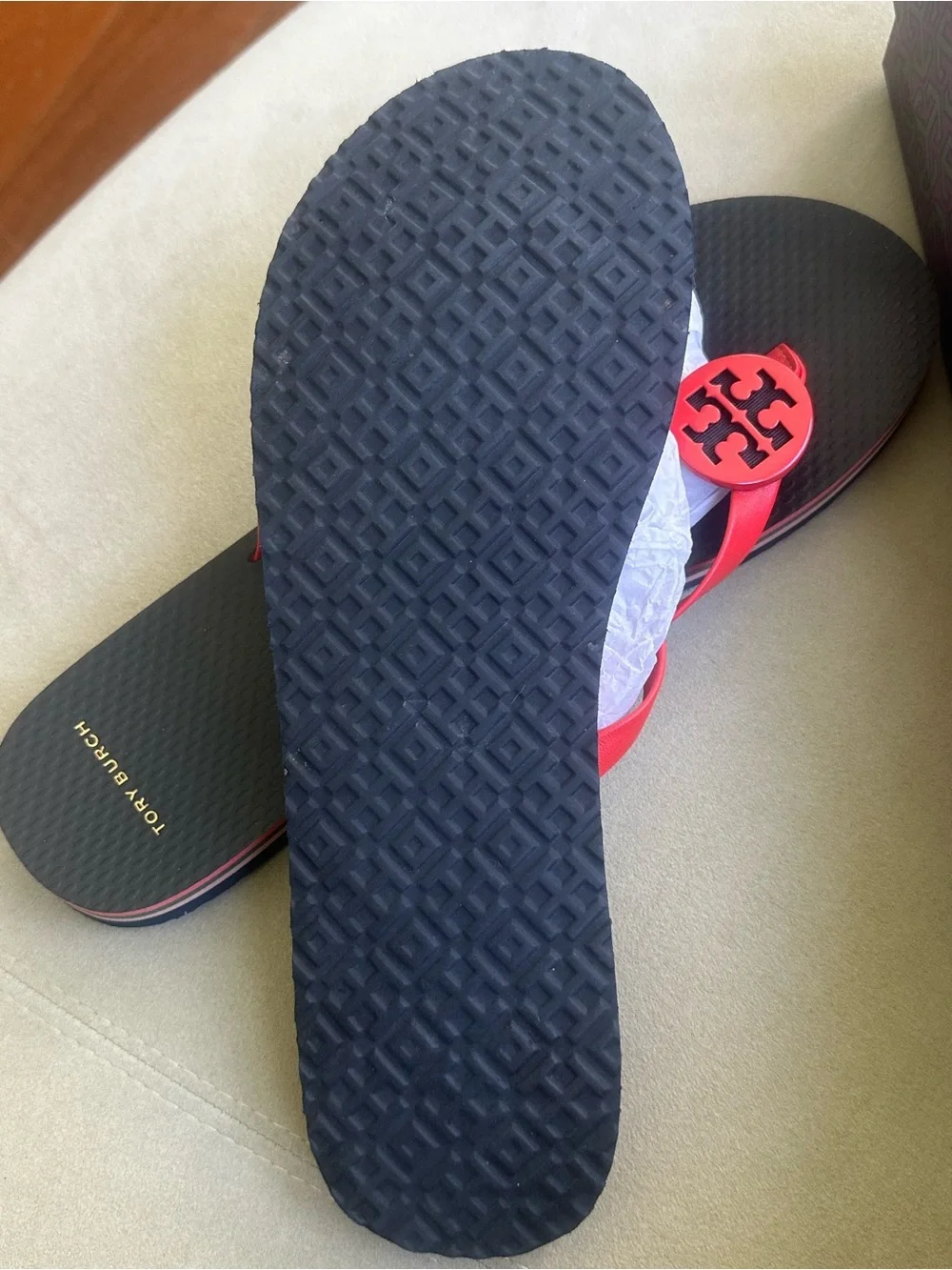 Tory Burch Black and Red Logo Thong Sandals