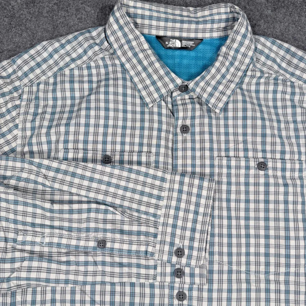 The North Face Mens XXL Grey Blue Plaid Long Sleeve Mesh Lined Hiking Shirt