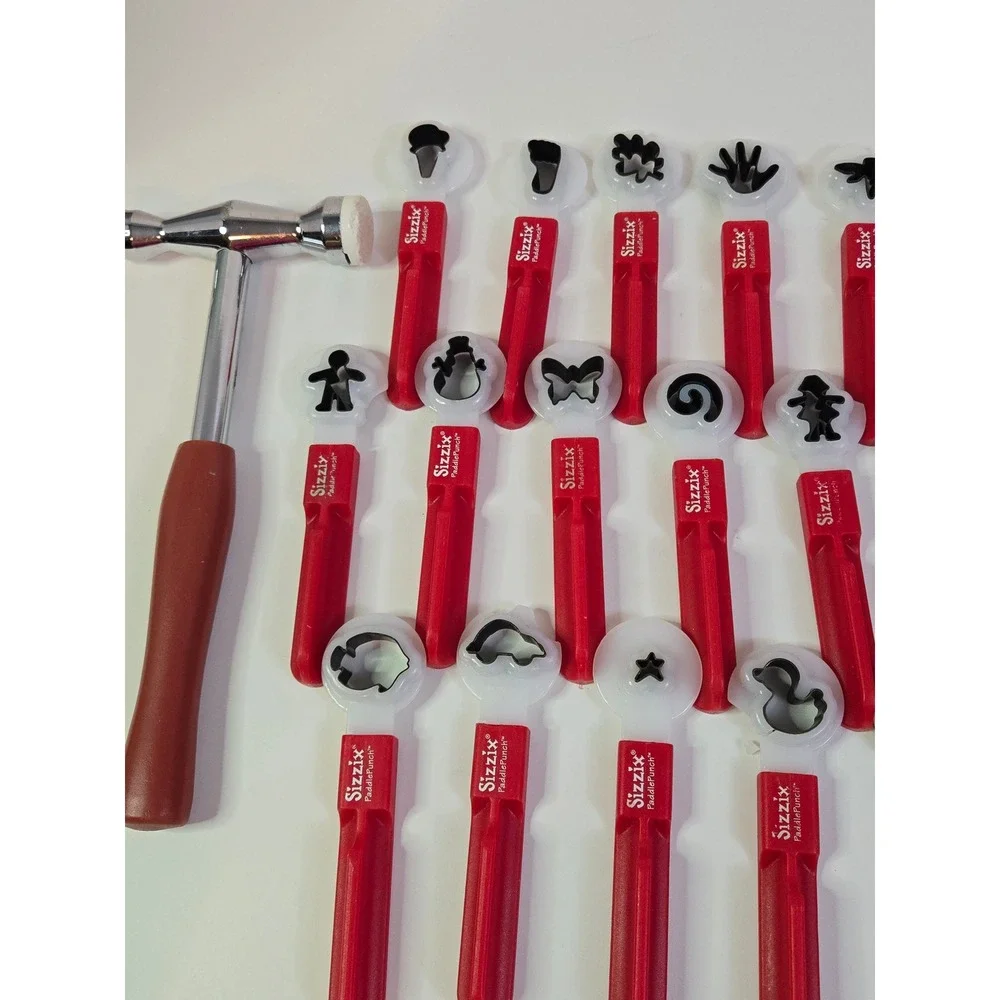 Sizzix PaddlePunch Die Cut Tool Set with Hammer and Various Shapes Red White