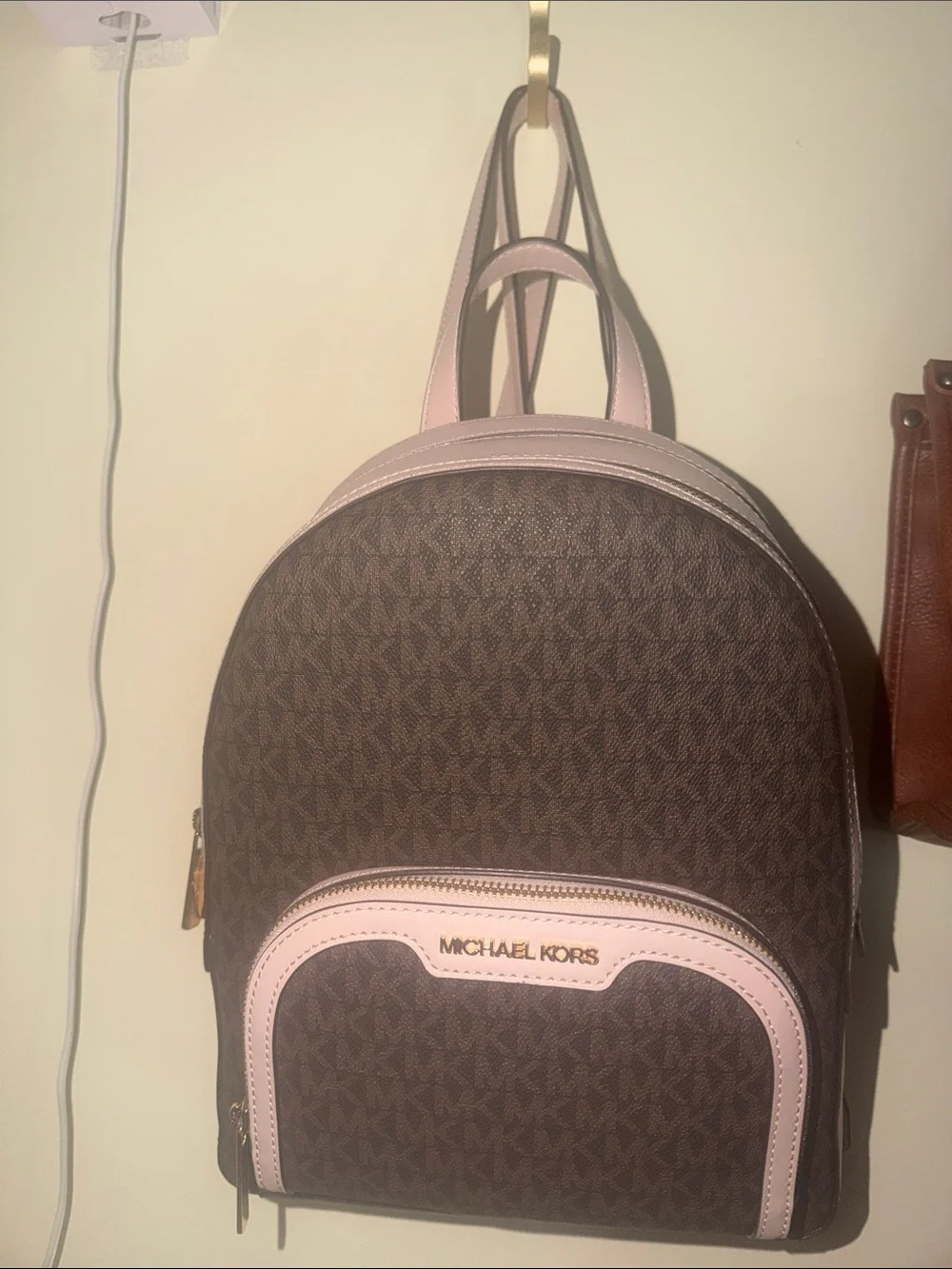 Michael Kors Brown Signature Backpack with Pink Trim
