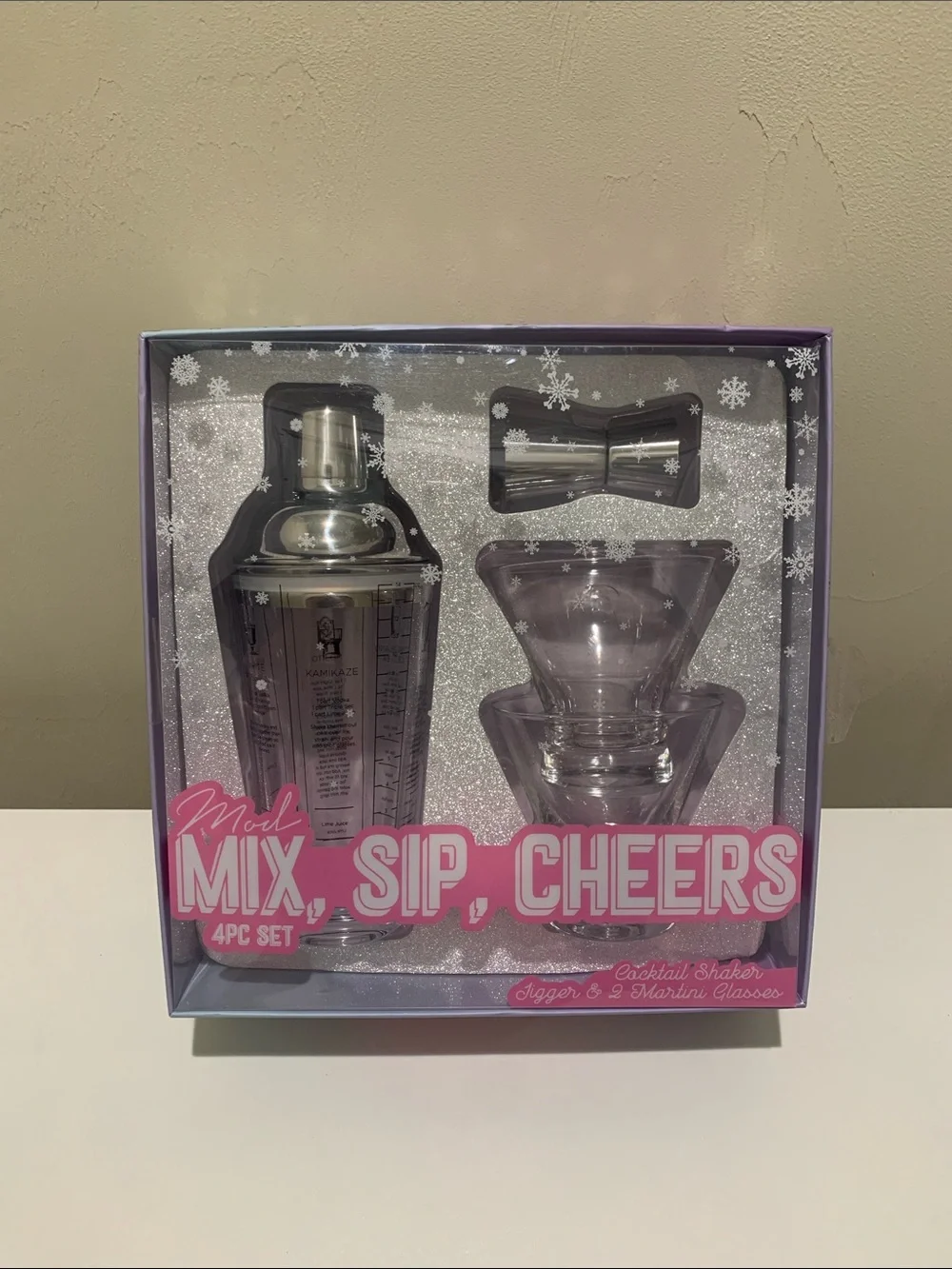 Mix, Sip, Cheers 4pc Cocktail Shaker & Martini Glasses Set - Pink Accents