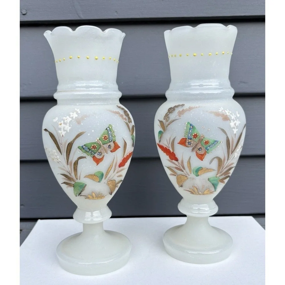 Antique Bristol opaline blown glass matched vases hand painted butterflies EVC