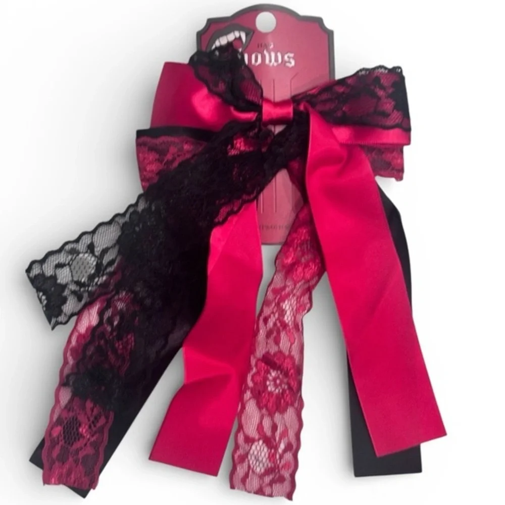 Goth Vampire Hair Bow Red & Black Lace Ribbon Gothic Horror Aesthetic Accessory