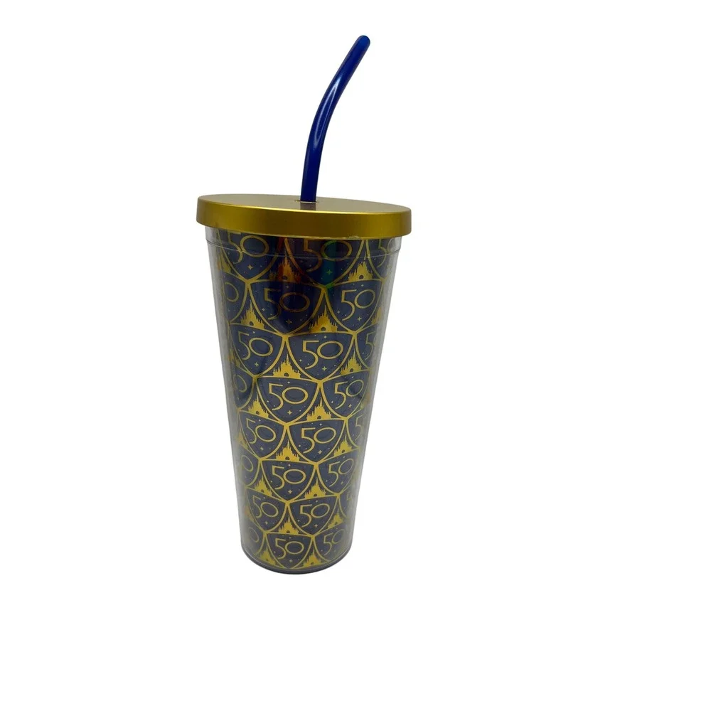 New Disney 50th Anniversary Tumbler Gold Lid‎ Blue Straw Cup Cinderella Castle