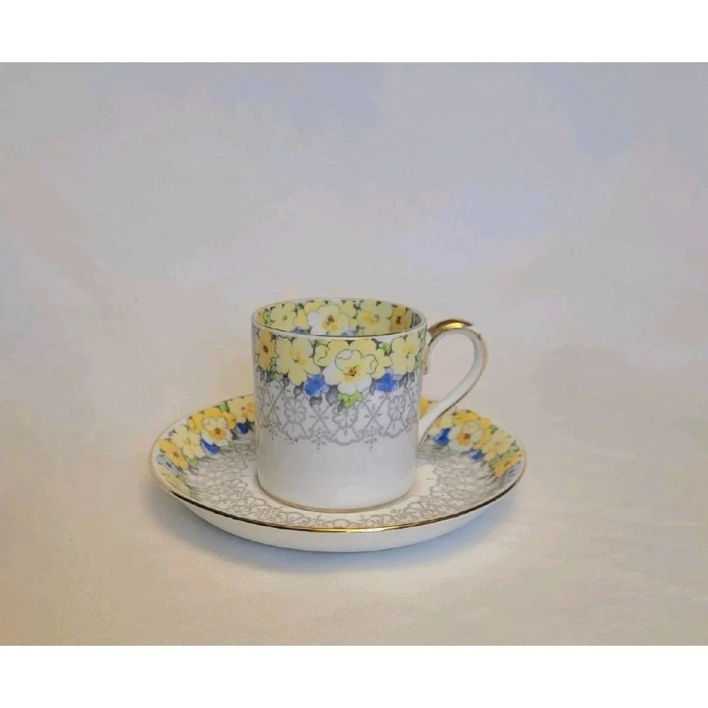 Vintage Crown‎ Staffordshire Demitasse Set Yellow Blue Flowers