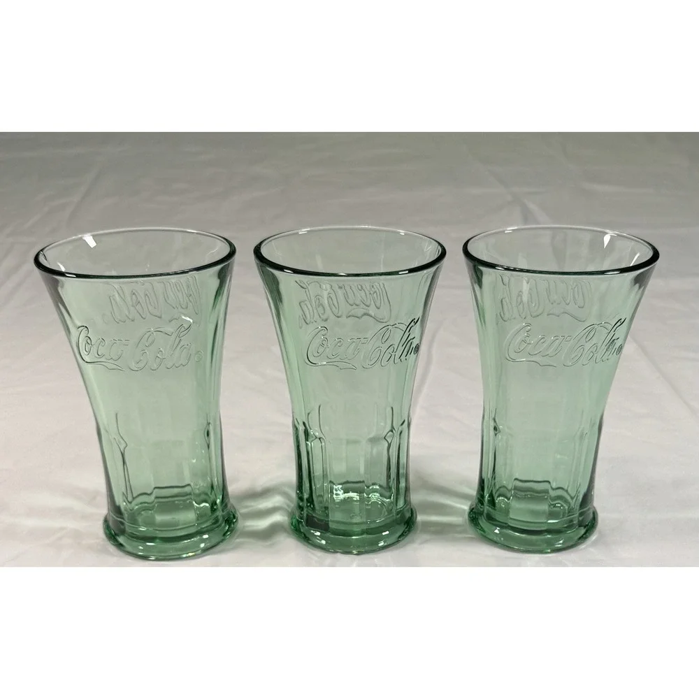 Vintage‎ Coca-Cola Green Glass Tumbler Set Embossed Coke Glasses Set of 3
