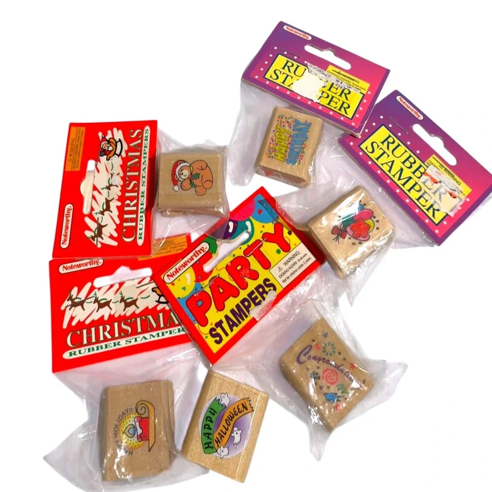 Vtg Mini‎ Stamp Lot 90s Kidcore Holiday Sports Bear Egg Head Craft Set 19 +Pads