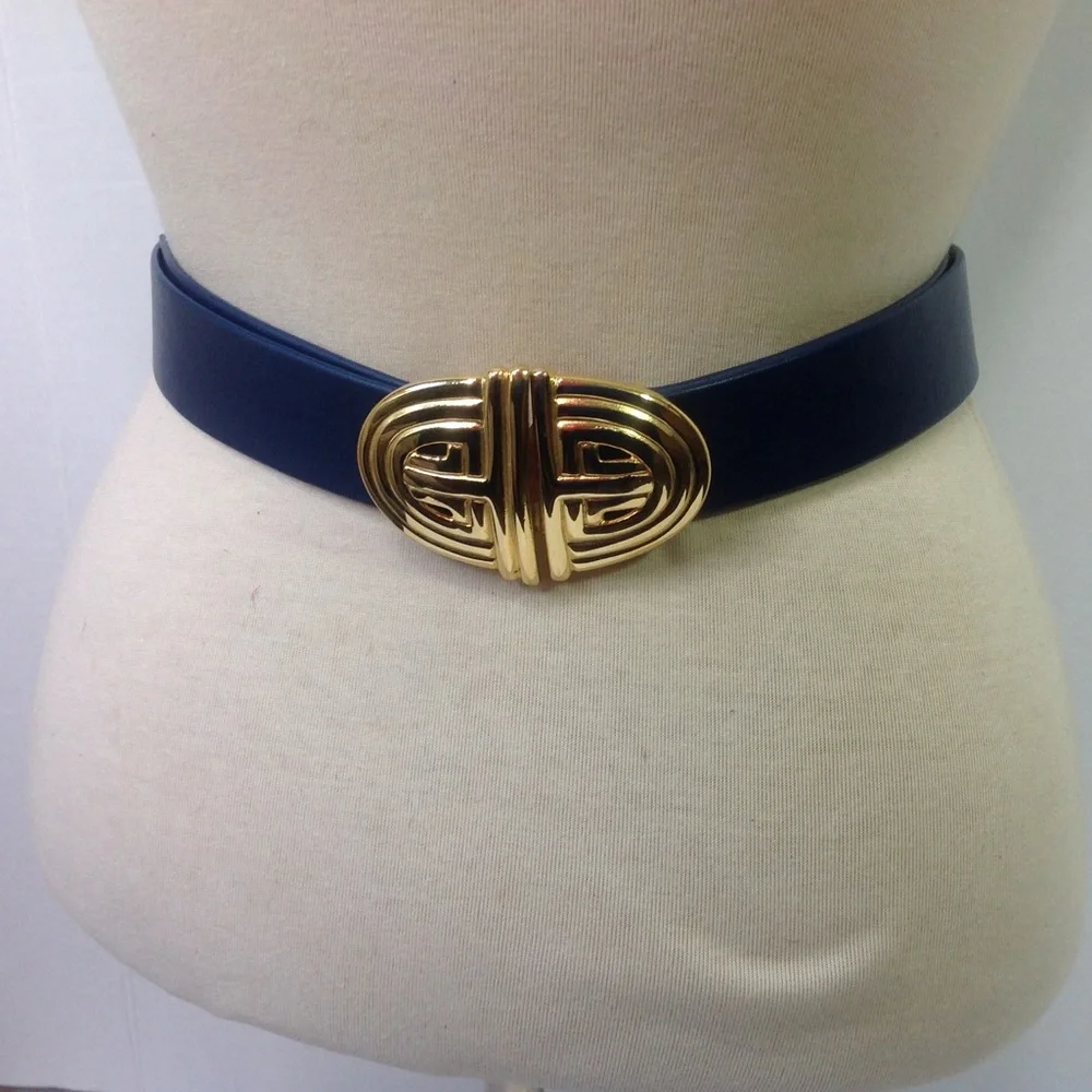 Vintage Blue Leather Belt Buckle Gold Crest
