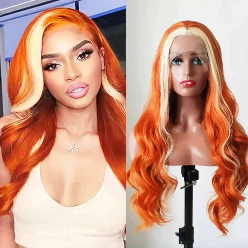 24” HUMAN HAIR BLEND ORANGE BLONDE BODY WAVY  LACE FRONT WIG *NEW**