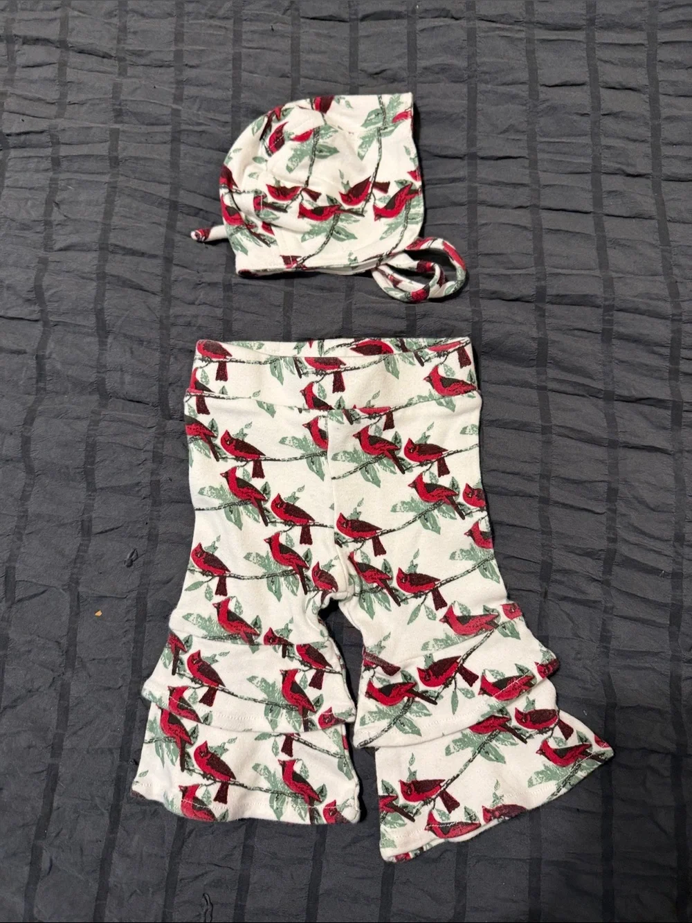 kate quinn Cream Red and Green Cardinal Print Ruffle Pants & Hat Set