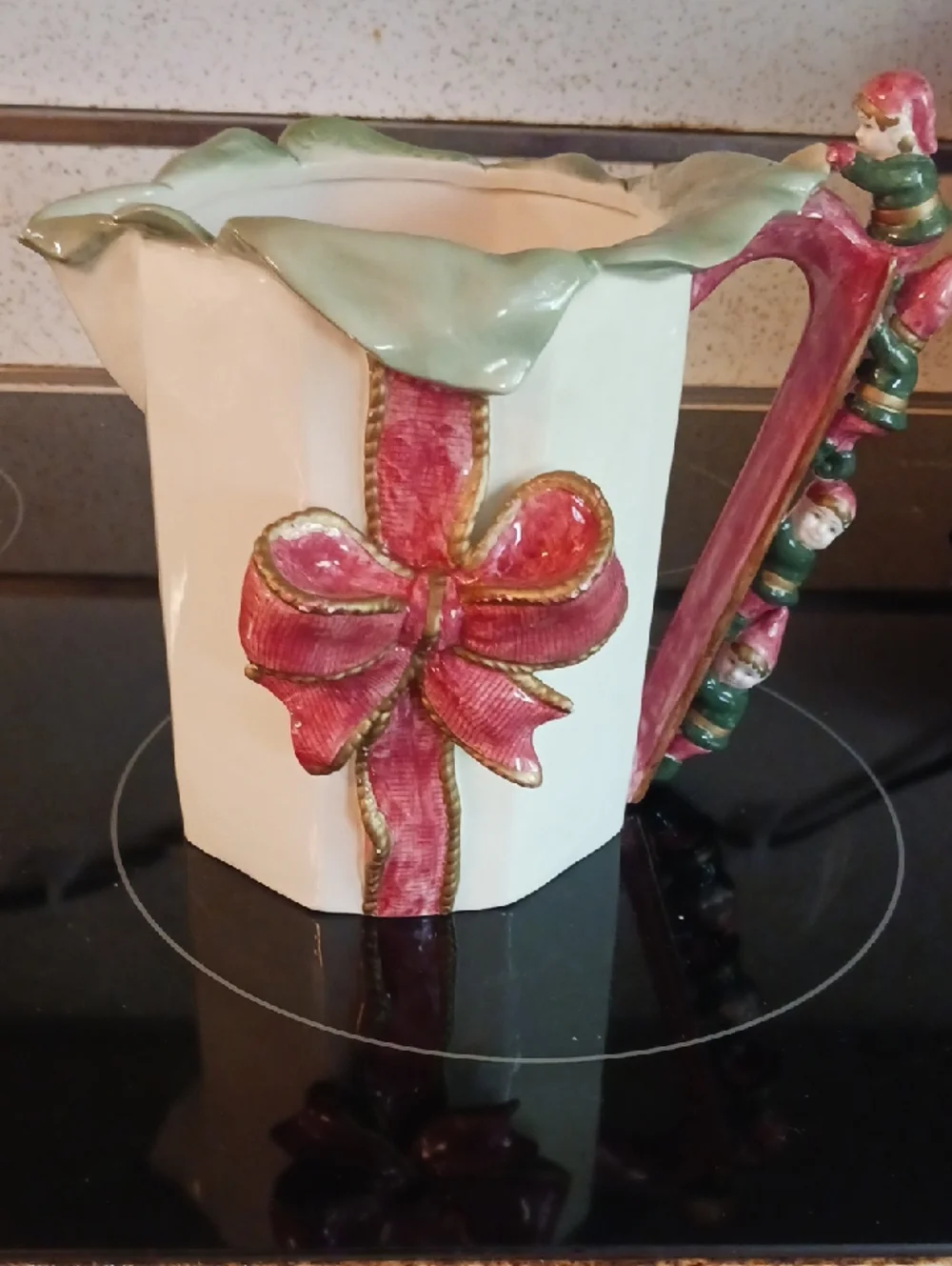 Gorgeous! Festive Bow Ceramic Pitcher with Decorative Elves On Handle 🎀