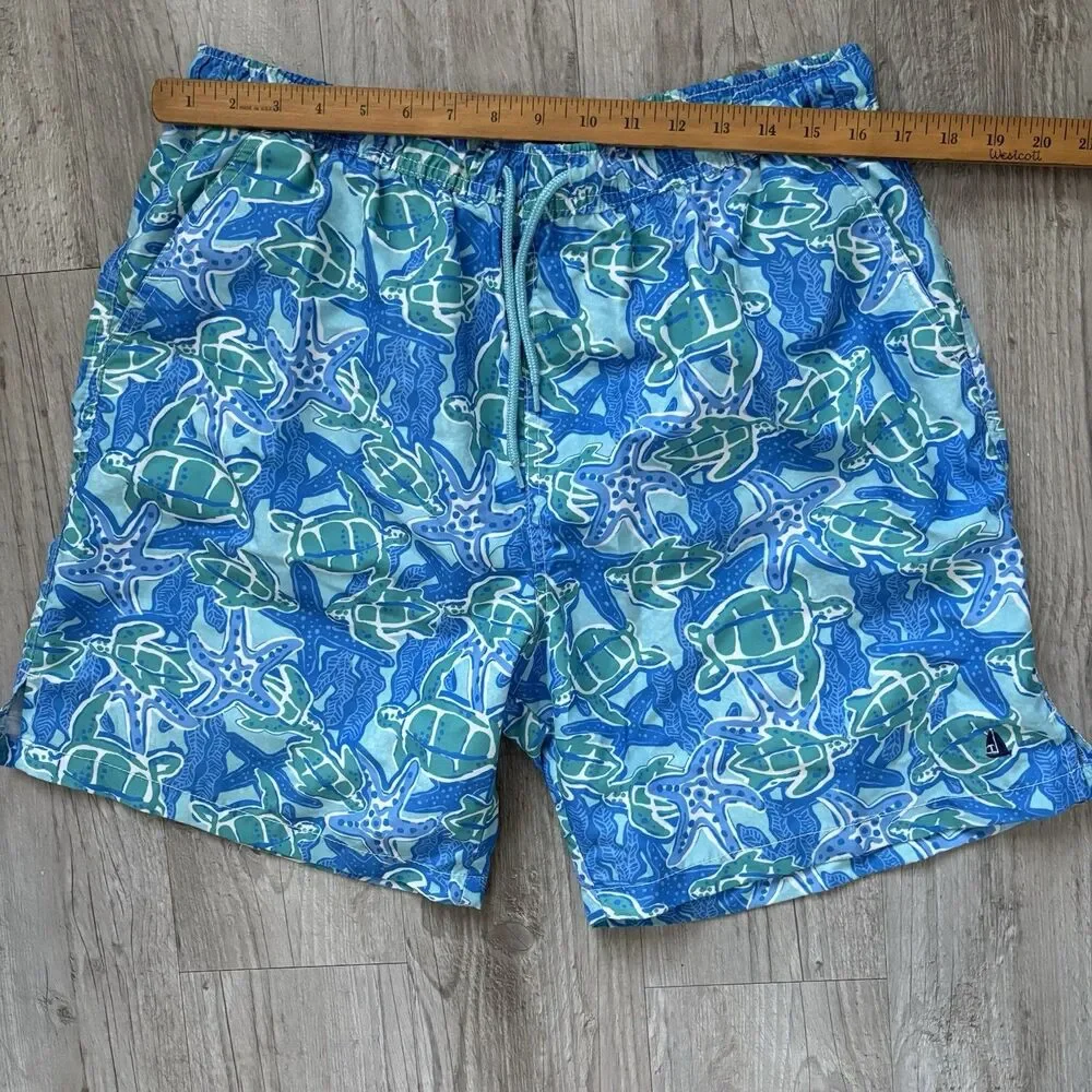 TED Lapidus Men's Swim Trunks Blue/Green Sea Turtle Starfish Print Size XL