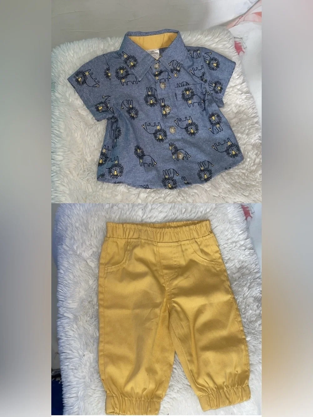 Little beginnings Blue Elephant Print Shirt and Yellow Pants Set NWOT
