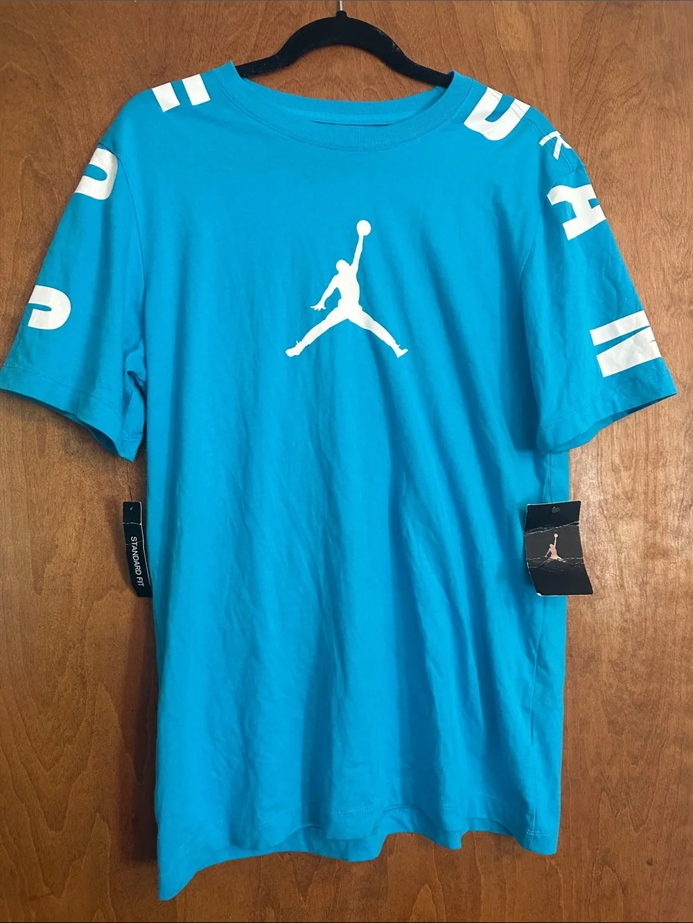 Air Jordan Teal Blue Jumpman Logo Tee with Jordan Printed Shoulders Activewear