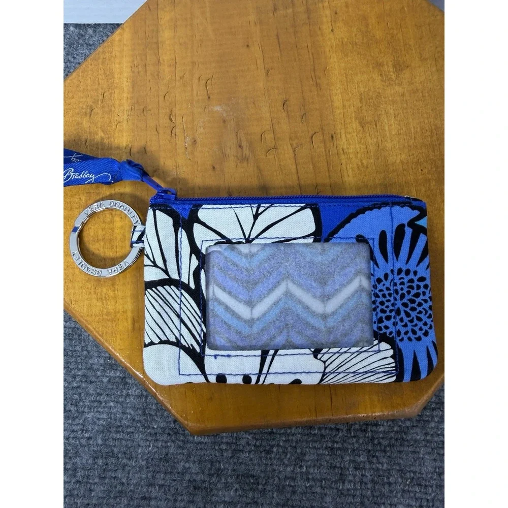 Vera Bradley Zip‎ ID Case Blue Black Floral Print Key Ring Wallet Coin Purse