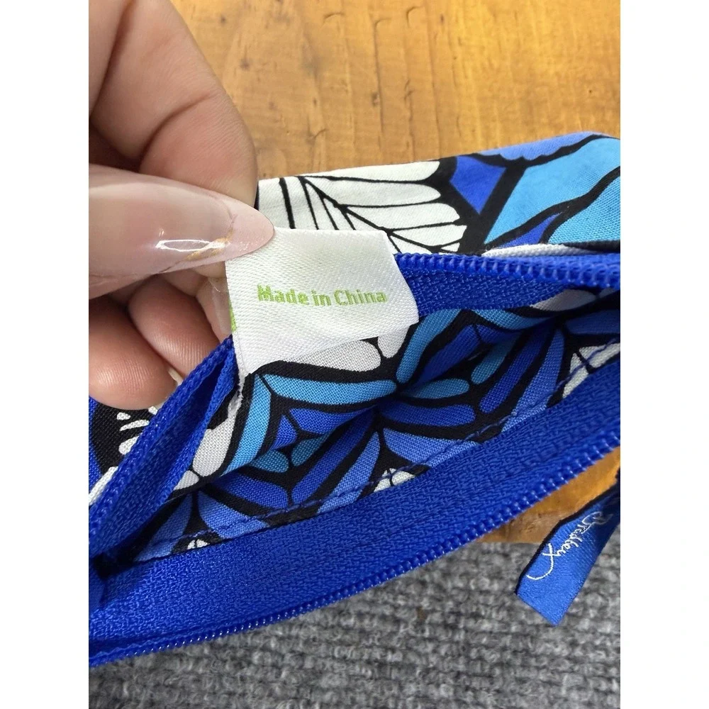 Vera Bradley Zip‎ ID Case Blue Black Floral Print Key Ring Wallet Coin Purse