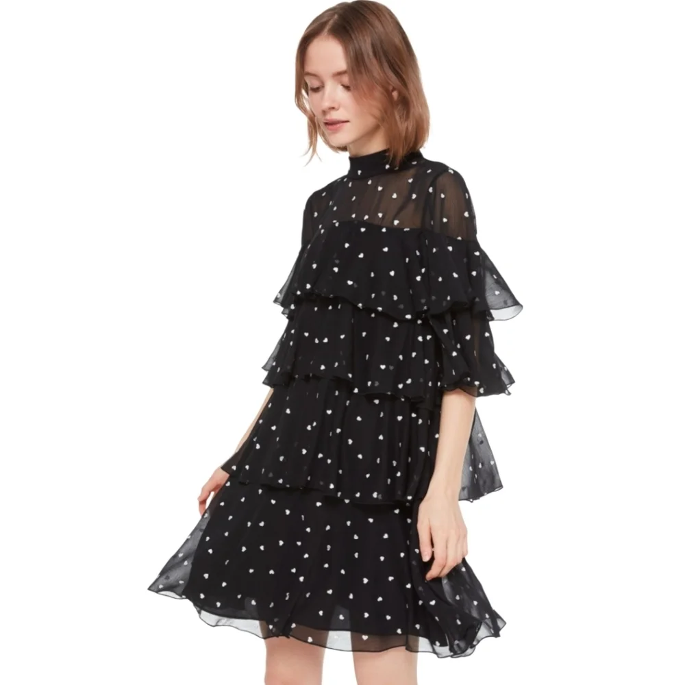 Kate‎ Spade Black Chiffon Heart Print Dress Size 2