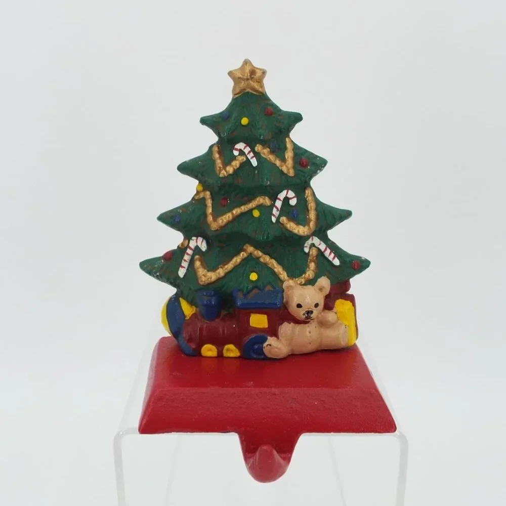Vintage Cast Iron Christmas Stocking Hanger Tree Train Bear Candy Canes