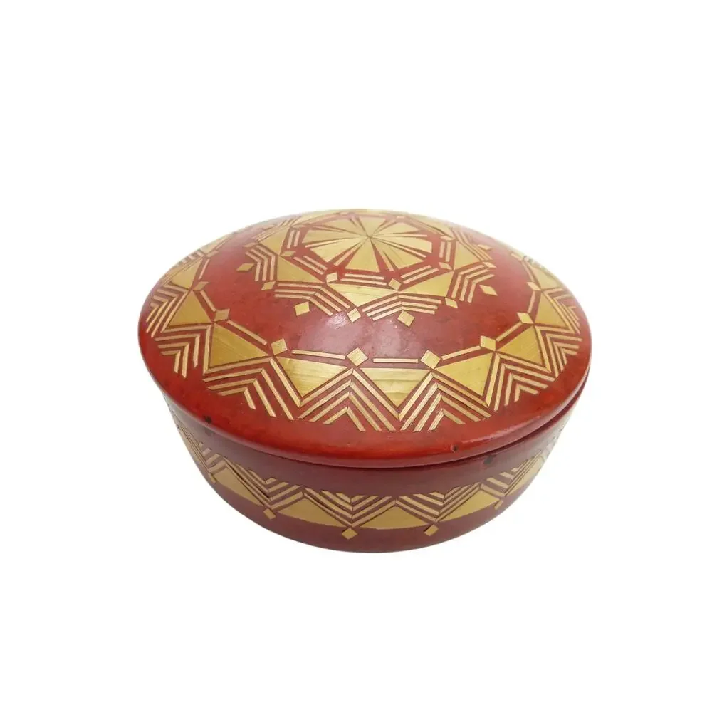 Vintage Wood Lacquer Mandala Box Round Indian Trinket Case Red Keepsake Decor
