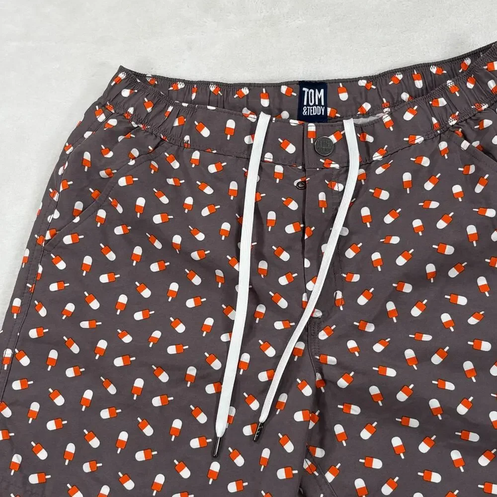 Tom & Teddy Mens Swim Shorts Grey Orange Popsicle Print Drawstring Mesh Lined M