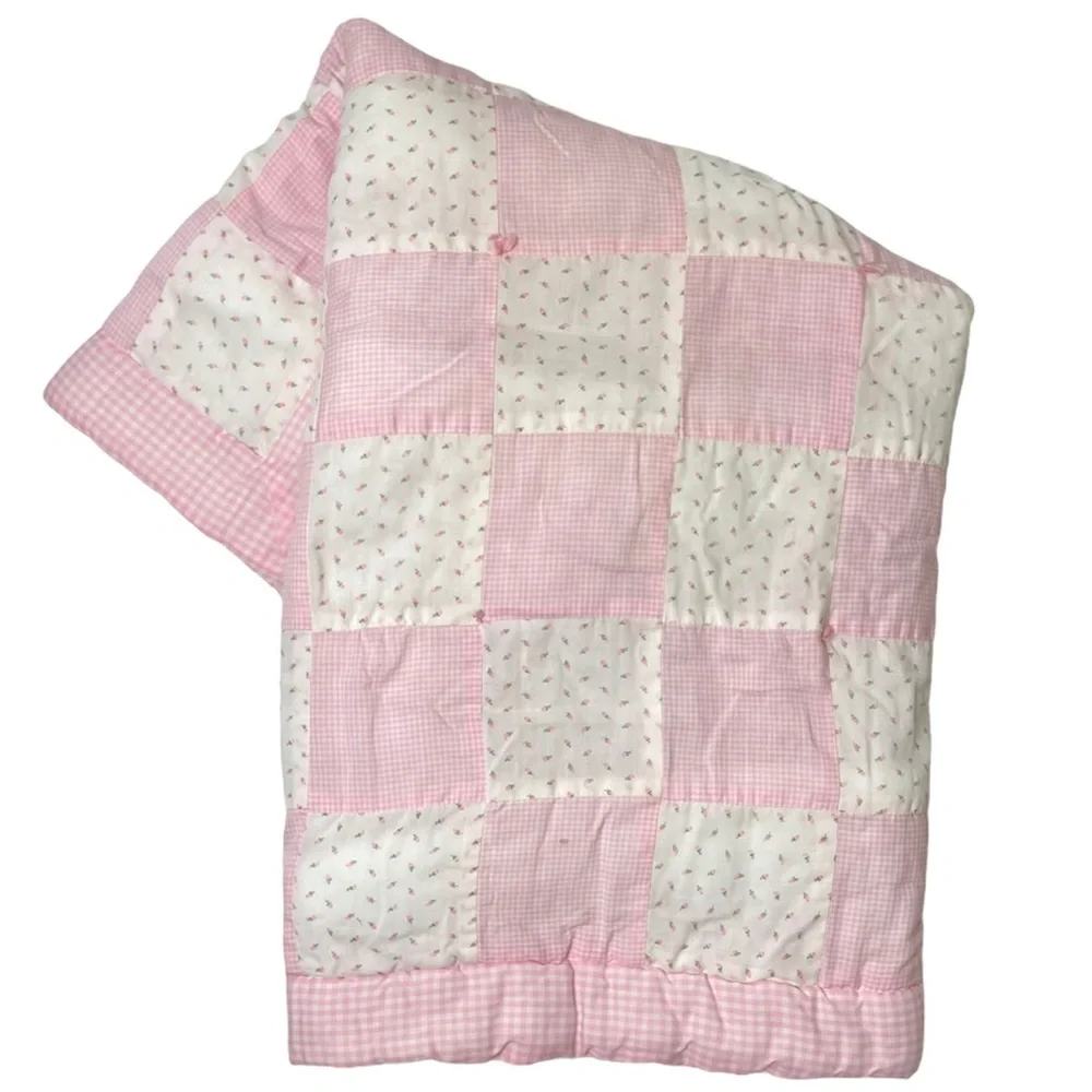 Vintage Quilt Patchwork Handmade Hand Crafted Cottage Core Flowers Pink White