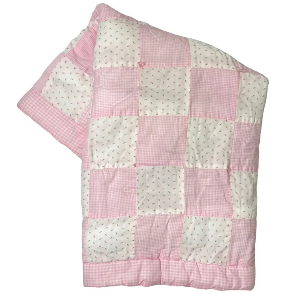 Vintage Quilt Patchwork Handmade Hand Crafted Cottage Core Flowers Pink White