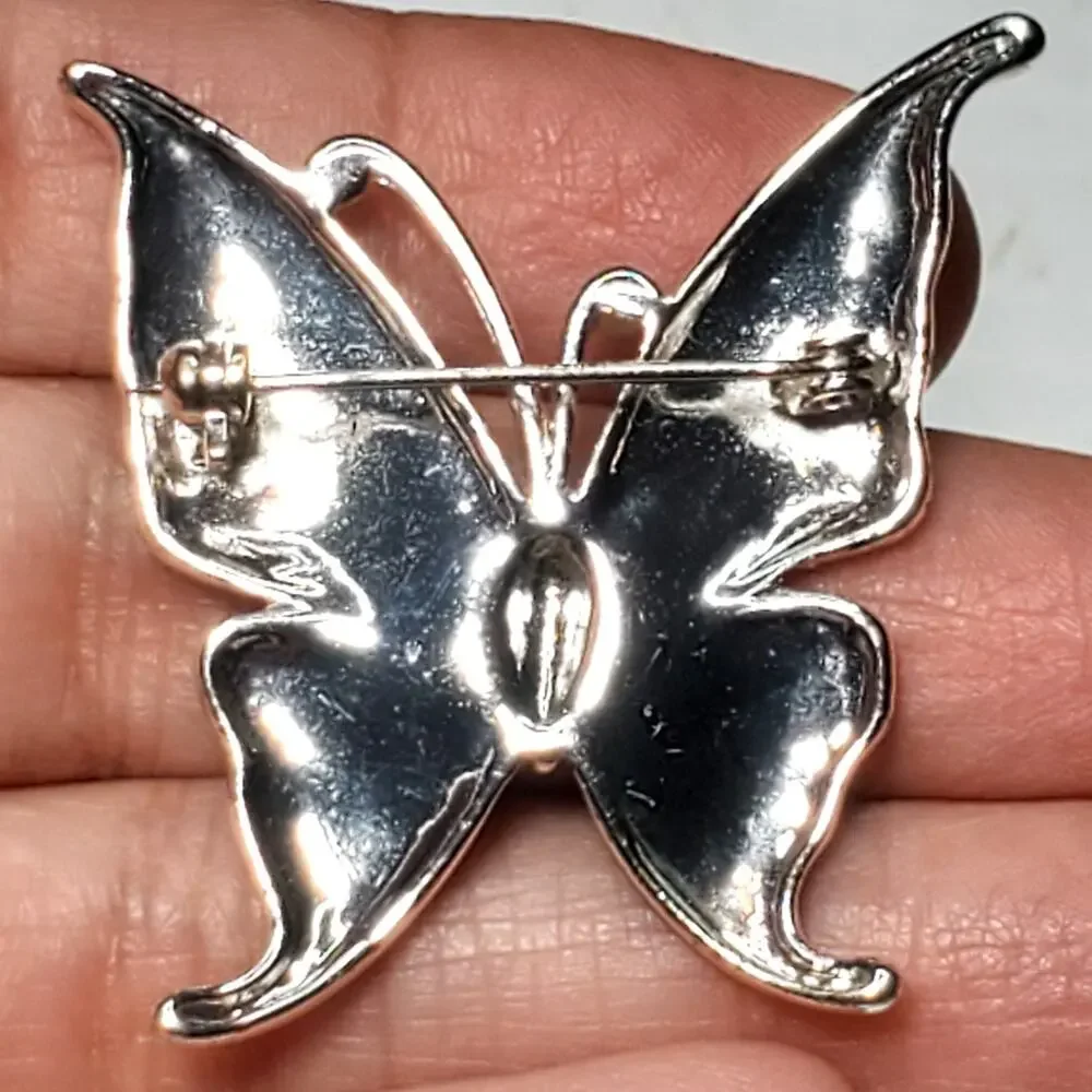 Blue Green Enamel Butterfly Silver Tone 1.5