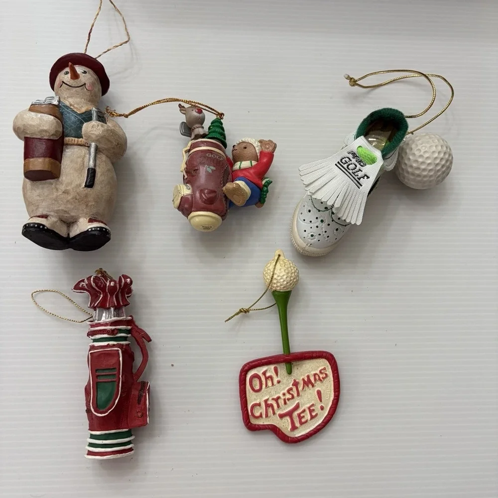 Lot Of 5 Vintage Golf Christmas Tree Ornaments Santa Snowman Golf Bag Holiday