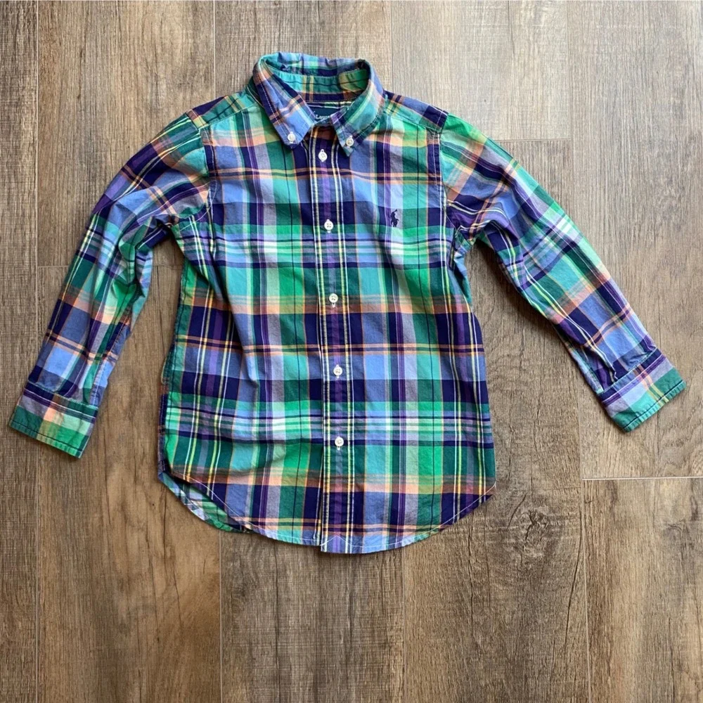 Ralph Lauren Boys Green Blue Plaid Long Sleeve Button Down Shirt Size 4 Toddler