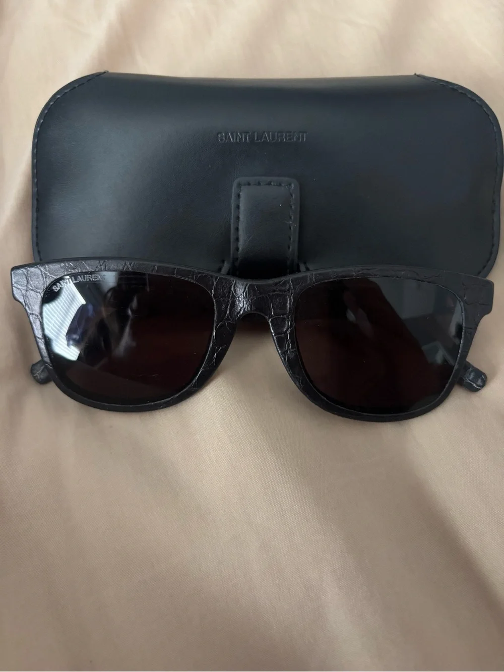 Saint Laurent Black Croc-Embossed Frame Sunglasses with Case