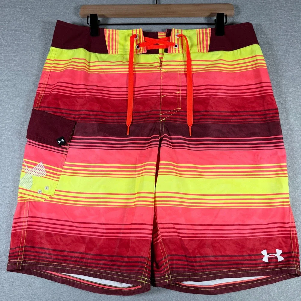 Under Armour Mens HeatGear Striped Board Shorts‎ Red Yellow Size 34 1257781