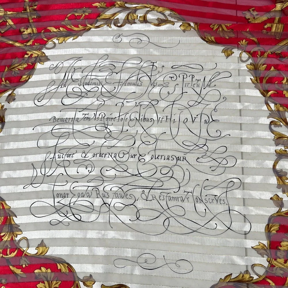 Vintage Liz Claiborne Scarf Sheer Stripe Red Gold Skeleton‎ Keys Script Baroque