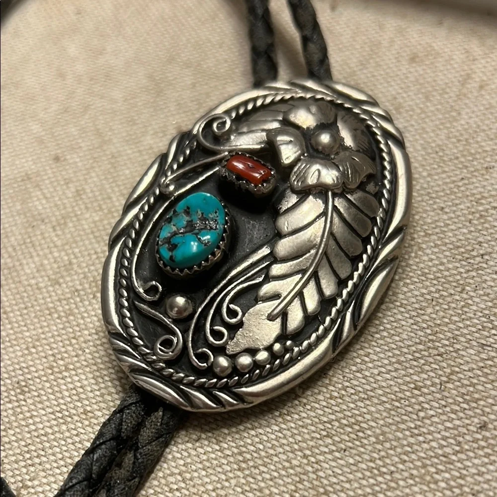 Vintage Southwestern Style Bolo with Genuine Coral and Turquoise SSI USA
