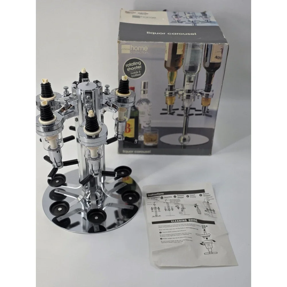 Chrome Rotating Liquor Dispenser Carousel Bar Drink Pourer Stand 5 Bottle Statio