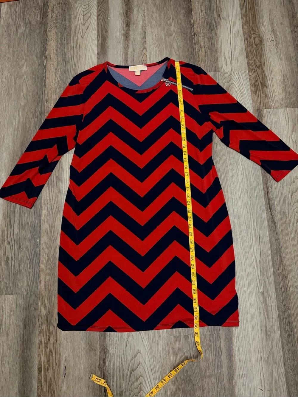 Michael Kors Red and Black Chevron Long Sleeve Shift Dress with Zip Accent