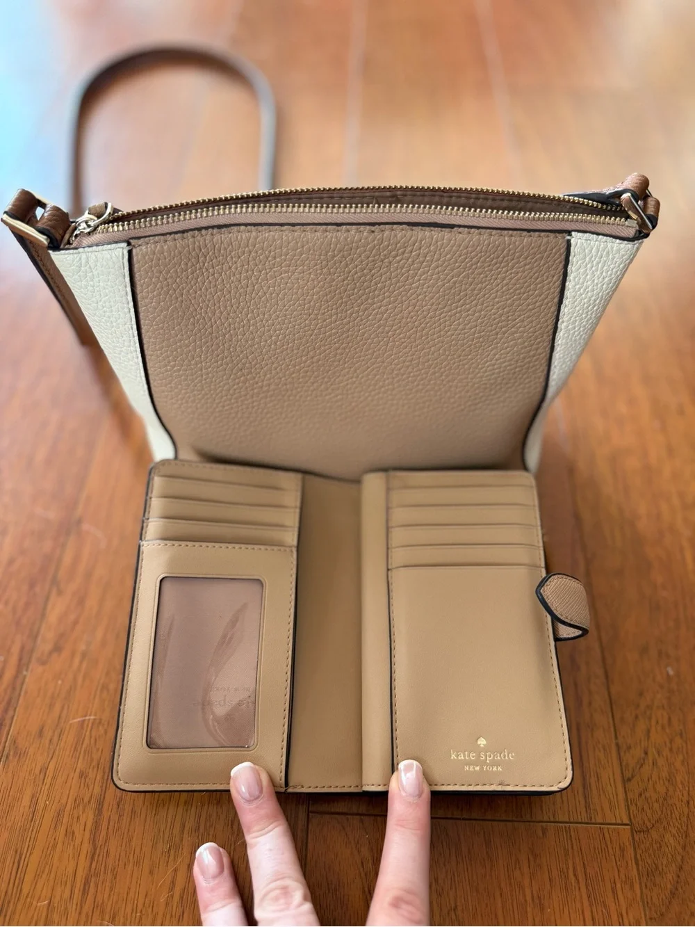 kate spade Taupe and Cream Pebbled Leather Crossbody with Matching Wallet