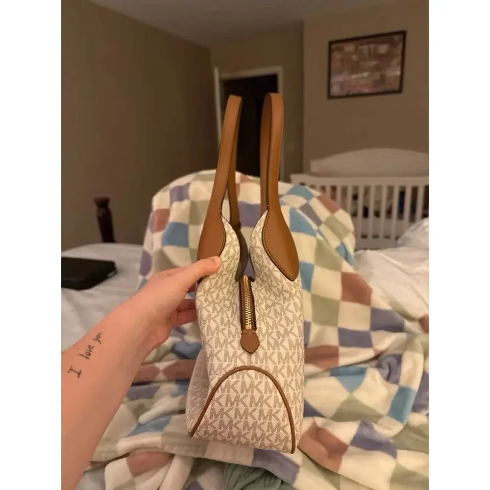 Michael Kors Signature Monogram Large Zip Tote Beige Brown Shoulder Strap Gold