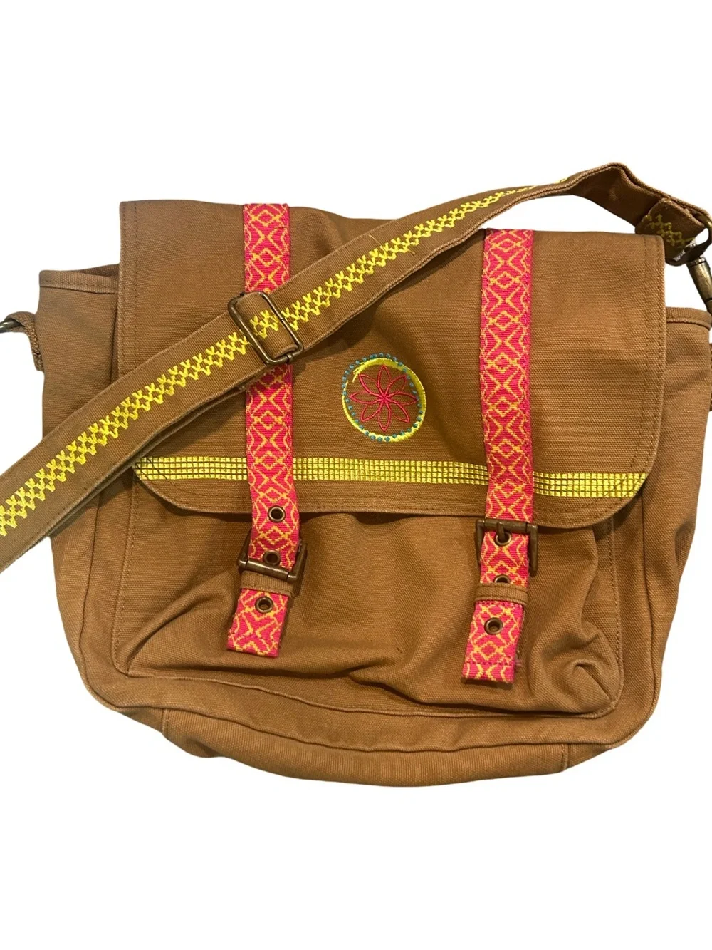 American Girl Brown Canvas Crossbody with Pink Patterned Straps and Yellow Trim