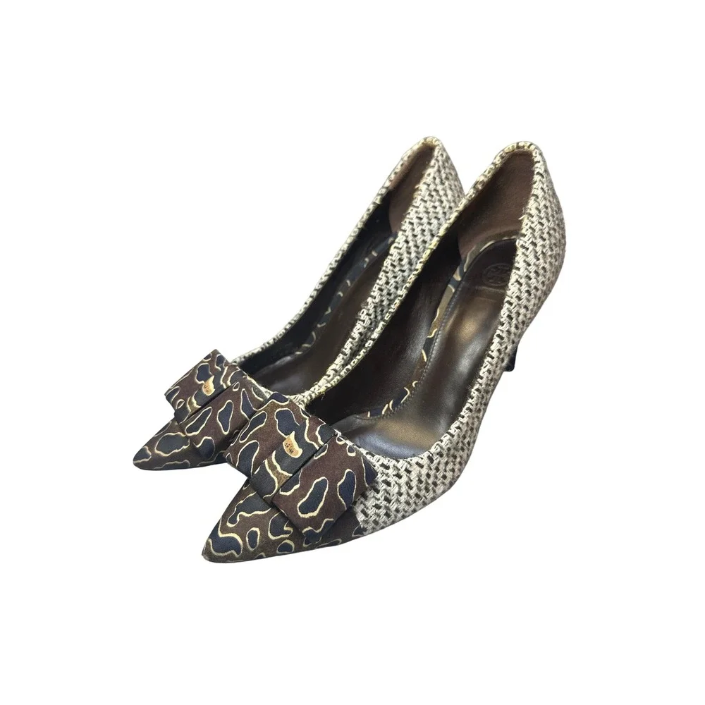 Tory Burch Woven Pointed Toe Bow Pumps Brown Tan Mixed Print Heels 6.5M
