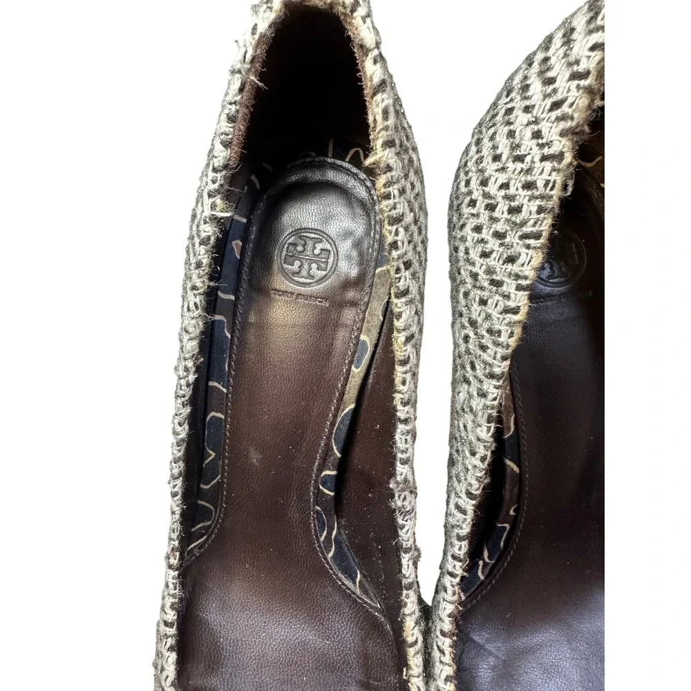 Tory Burch Woven Pointed Toe Bow Pumps Brown Tan Mixed Print Heels 6.5M