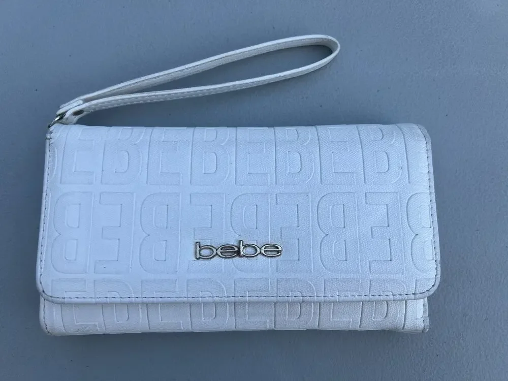 Bebe Embossed Logo White Leather Wallet Wristlet Strap Y2K Clutch