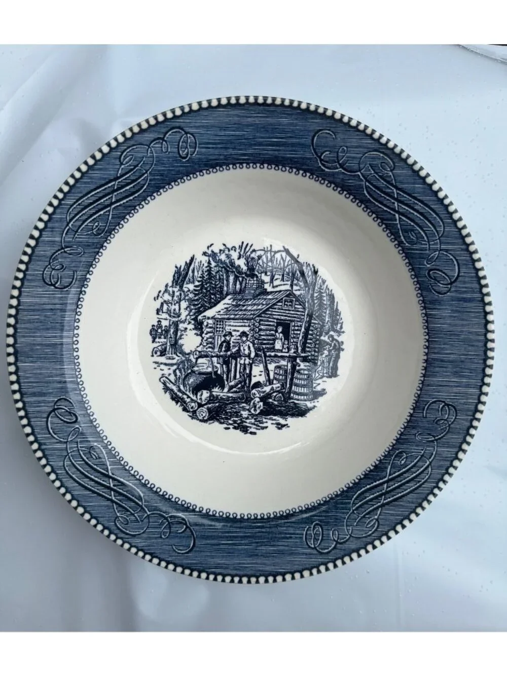 Currier & Ives Maple Sugaring Soup Bowl Blue White Vintage Made In USA 9