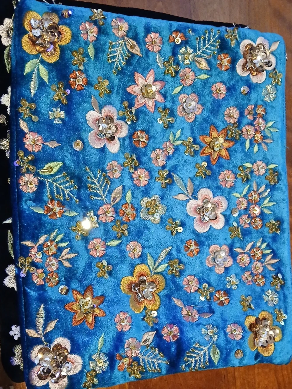 Embellished Blue Floral Velvet Clutch Bag