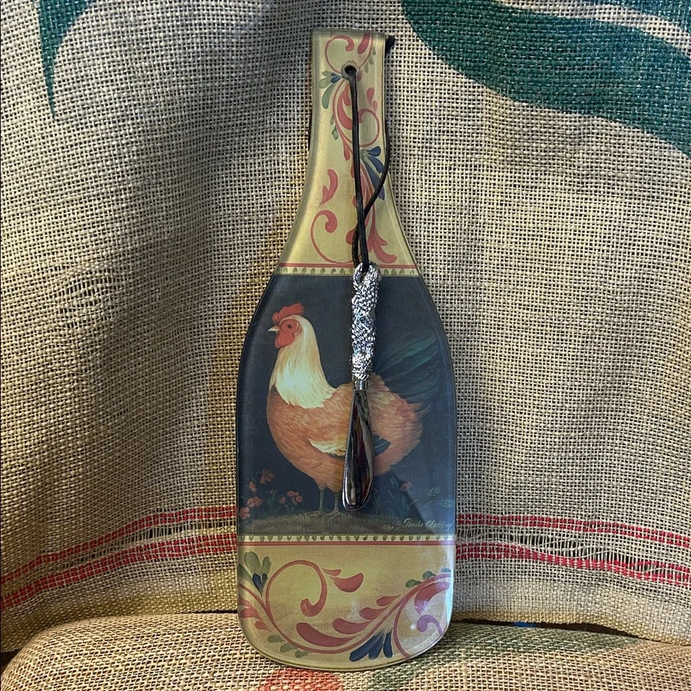 Francesco Rooster Glass Cutting Board w/ Knife Cheese Bread Mat