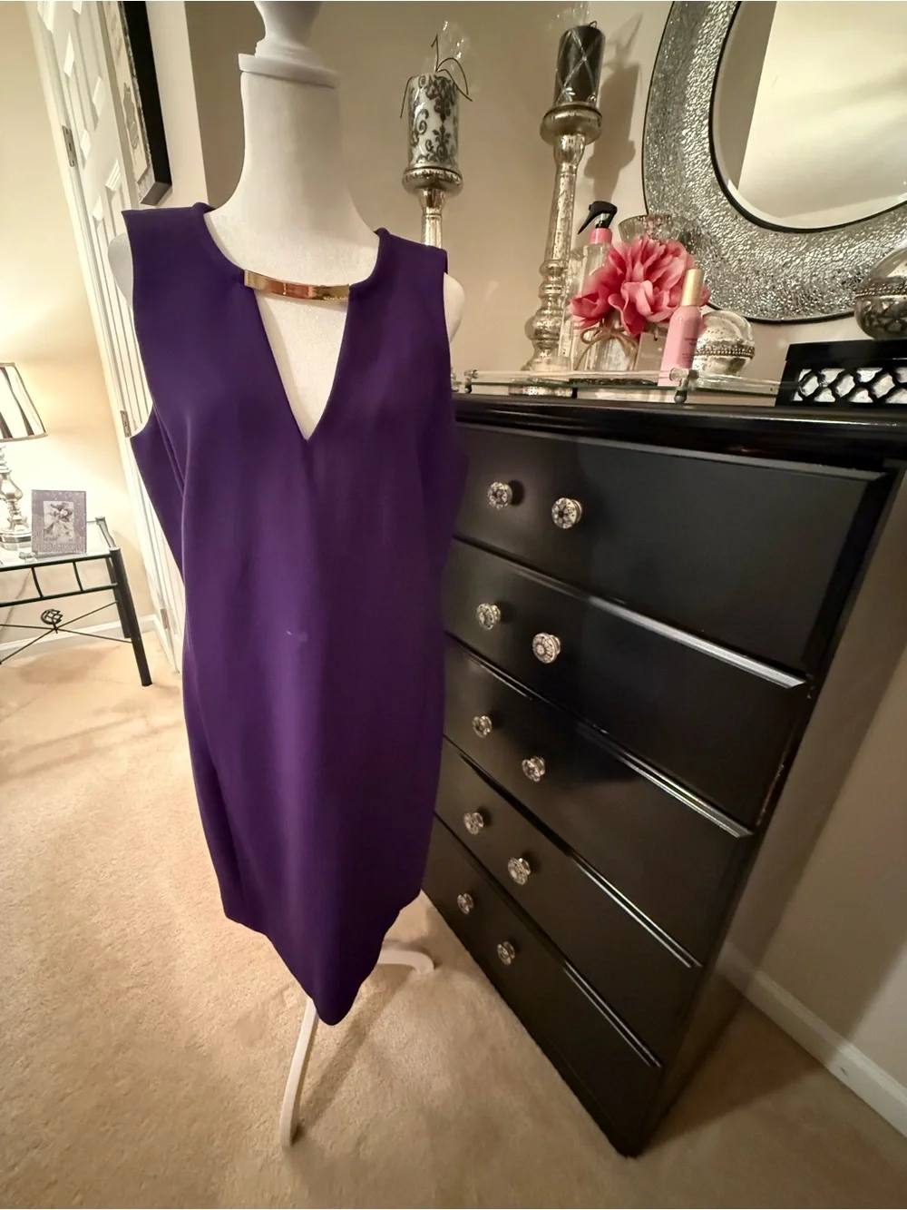 Michael Kors Purple V-Neck Midi Sheath Dress with Gold Accent